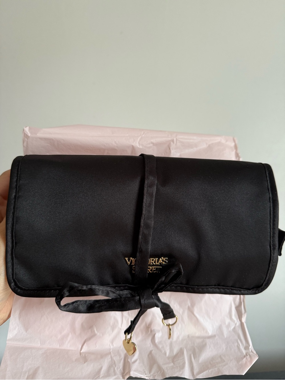 Victoria's Secret Black Satin Travel Makeup Jewelry Organizer with Gold Accents